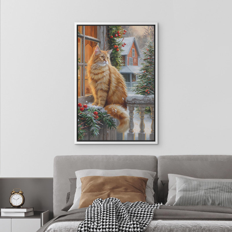 Scène d'hiver douillette avec un chat orange moelleux près d'une fenêtre de porche décorée, art moderne chaleureux