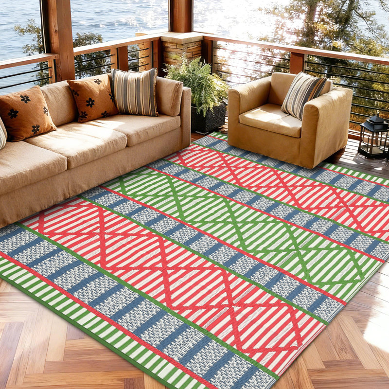 Outdoor Area Rug 8' x 10', Reversible Woven Polypropylene with Waterproof Finish, Geometric Pattern Patio Mat for Deck, Porch, Backyard or Beach
