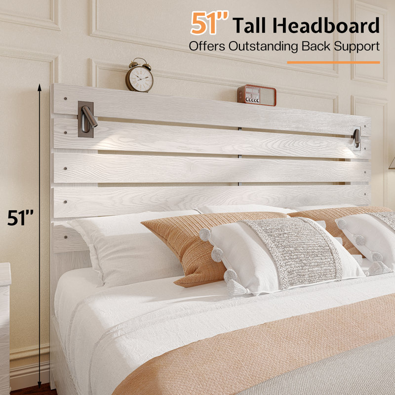 Full White Bed Frame with 51" Tall Headboard, Integrated Reading Lights, and Rustic Wood Finish, Full / Double, White