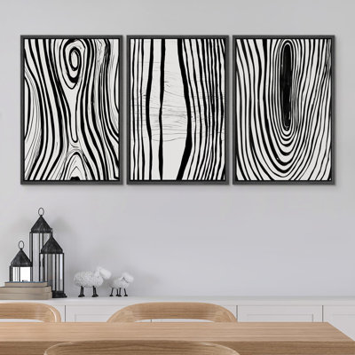Linear Geometry " Gray And Black Mid-Century Geometric Spiral Ring Landscape Abstract Illustration Modern Ultra " 3 - Pieces