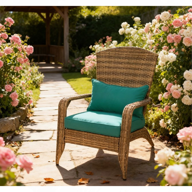 Tall Curved Backrest Chair,Patio Adirondack Chair With Rattan Wicker, Soft Cushions, Natural, Green