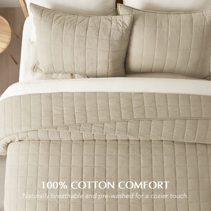 100% Cotton Box Stitch Quilt Set, Khaki Tan, King Quilt + 2 King Shams