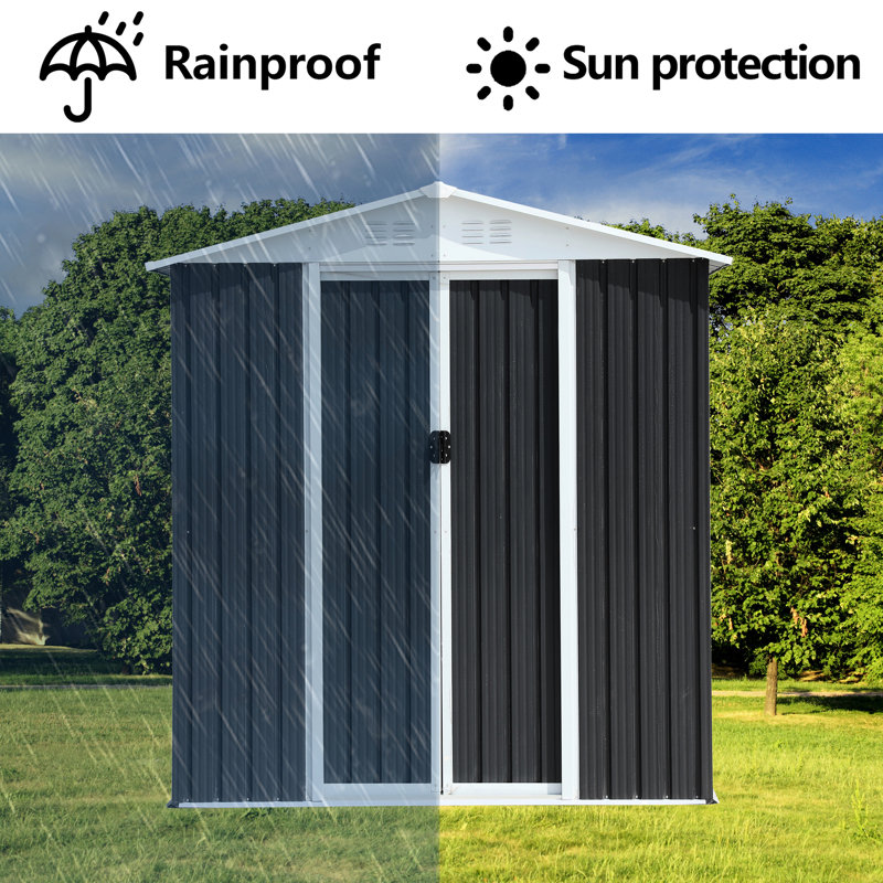 Remise de rangement imperméable pour l'extérieur en métal et acier avec toit Apex, gris 6 pi x 9 pi, structure en alliage d'aluminium, abri de toit à conception ventilée, imperméable gris, prévient les fuites d'eau