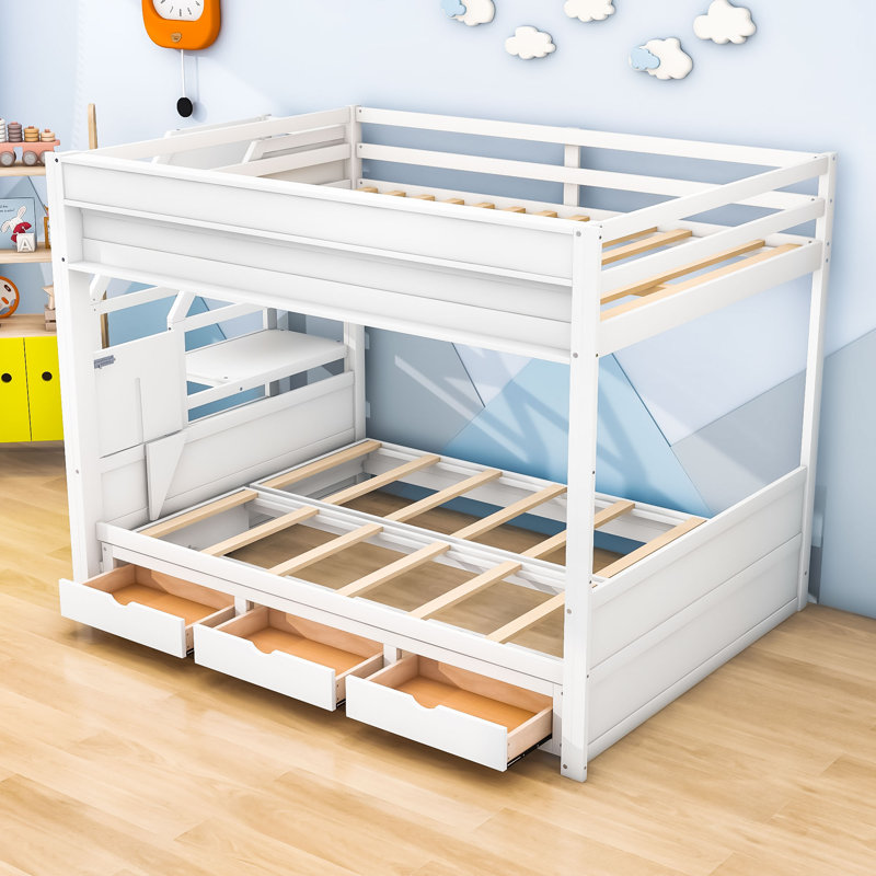 Harsirat Full Over Full 3 Drawer Futon Bunk Bed with Built-in-Desk, White
