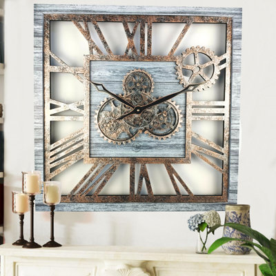 Wall Clock 24" Square Oversized for Living Room decor with Real Moving Gears America Collection