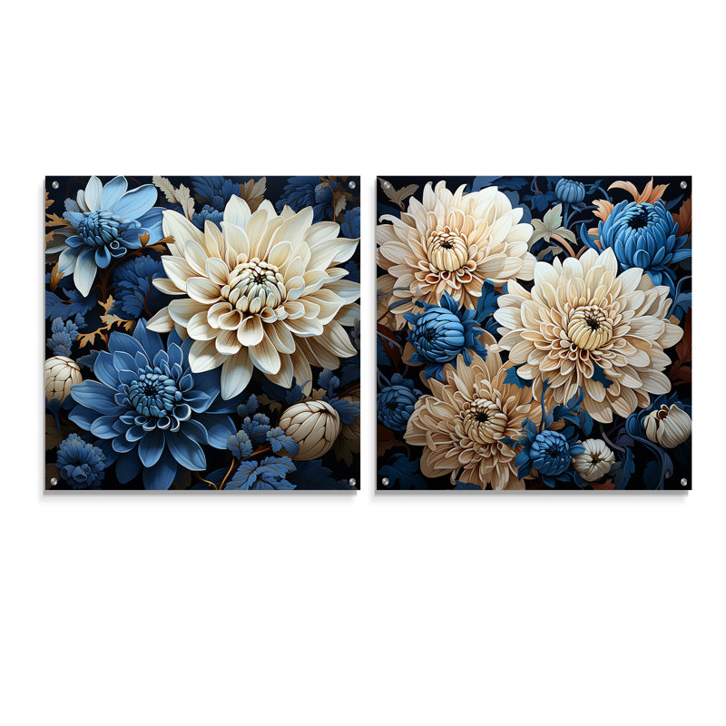 Ensemble de 2 mosaïques de chrysanthèmes en acrylique pur blanc et bleu, H 16 po x l 33 po