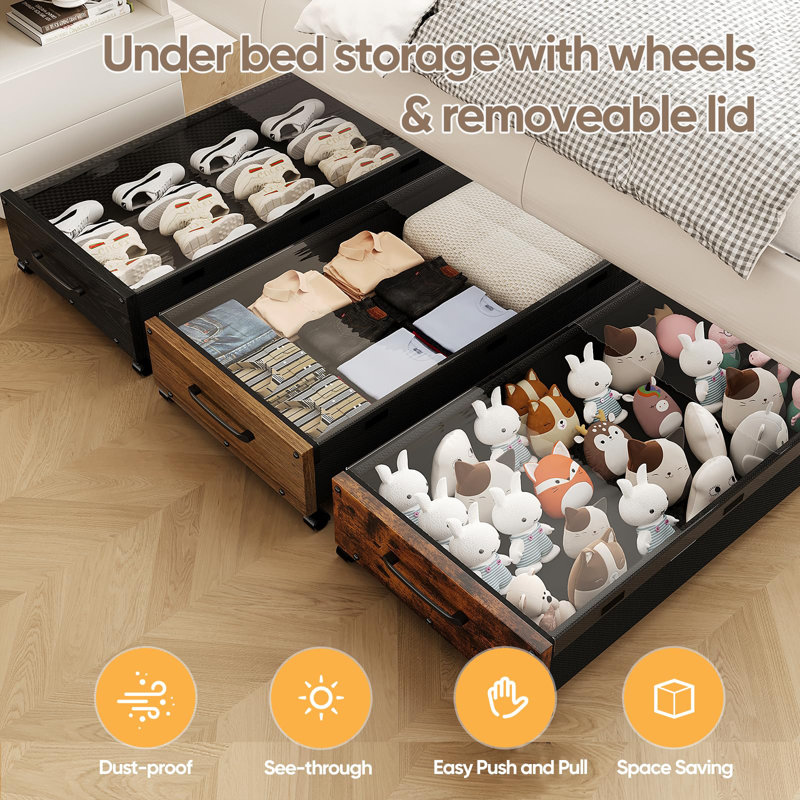 Under Bed Storage With Wheels, Under The Bed Storage Drawers With Remove Window, Extra Large Rolling Under Bed Storage Metal Drawer(Walnut Brown-2Pack)