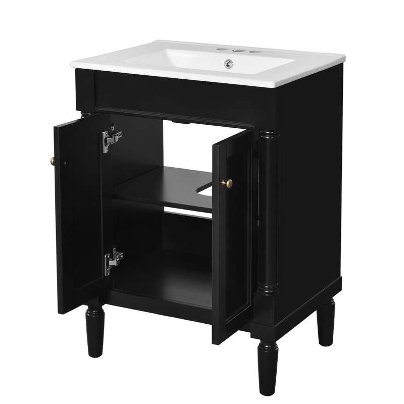 Armoire de meuble-lavabo simple 24 po avec lavabo de comptoir et grandes tablettes de rangement à 2 niveaux, Black, 24"