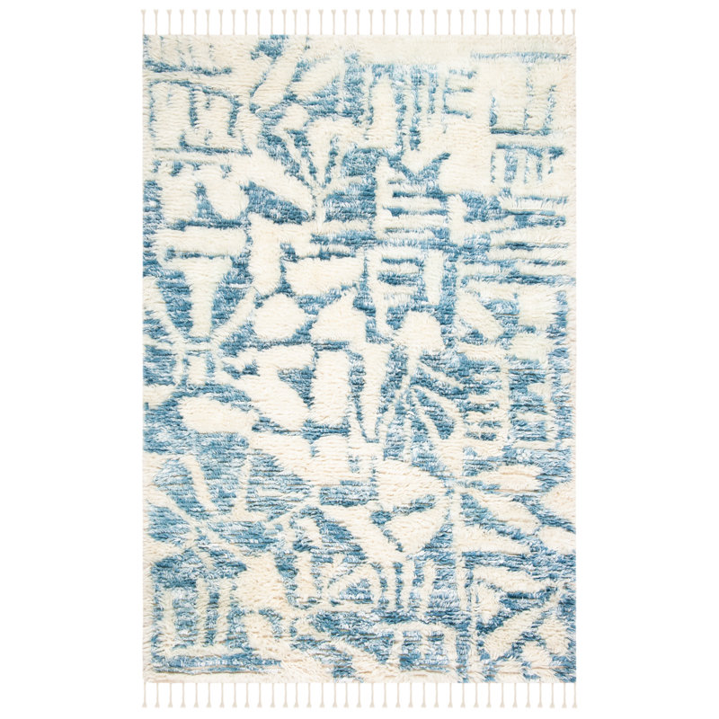 Tapis ivoire / bleu en laine et viscose Duena, Rectangle 6 pi x 9 pi