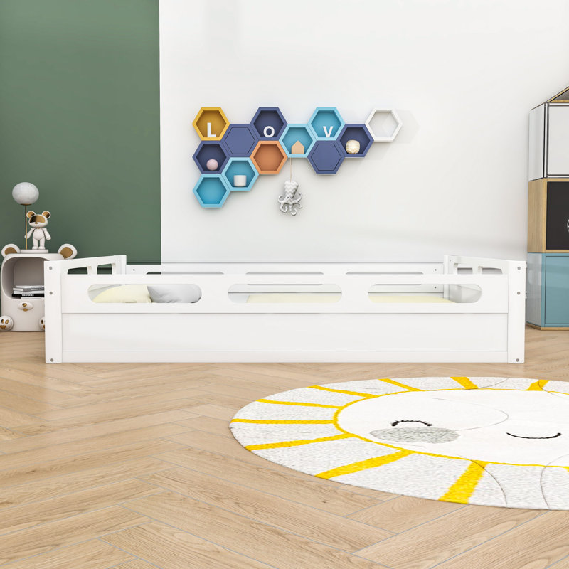 Floor Platform Bed with Guardrails, White, Full