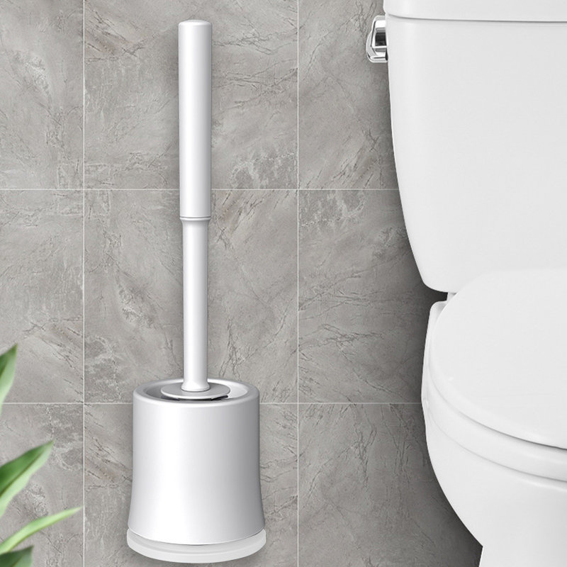 Brosse de toilette compacte moderne avec poils et base, nettoyage de salle de bain à longues poignées, blanc