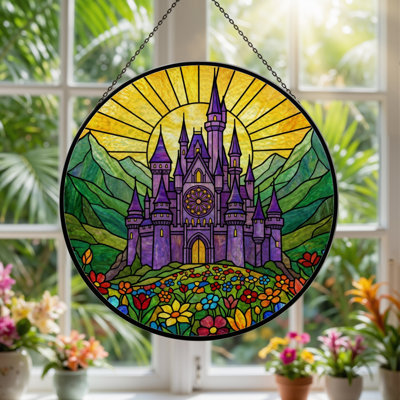 7.8"H Castle Garden Stained Glass Window Panel