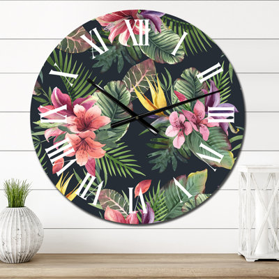 Horloge murale tropicale mauve avec fleurs vertes et feuilles vertes Ii