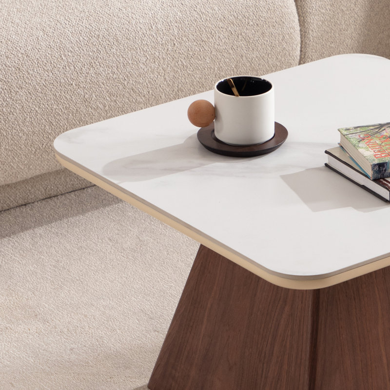 Faux Marble Top End Table With Walnut Pedestal, Mid Century Side For Living Room/Bedroom/Guest Room, White