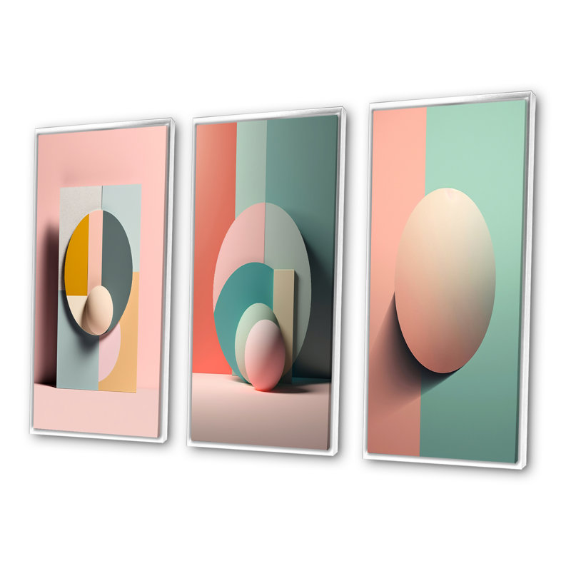 «Geometric Dreaming Retro Minimalisme en rose V», 3 pièces sur toile, Cadre flottant blanc, H 20 po x l 36 po
