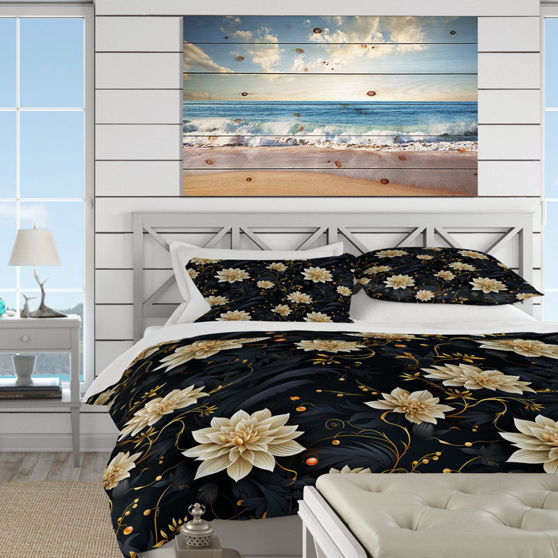 Literie de fleurs de méditation beige et bleue, Housse de couette pour grand lit et 2 taies décor