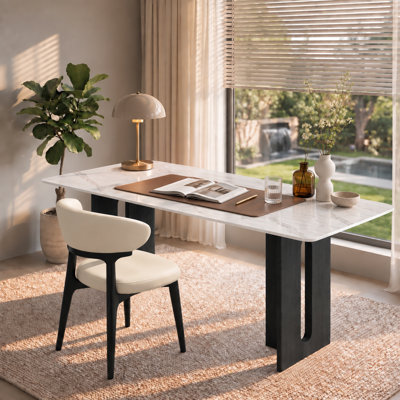 Bureau rectangulaire de 160 cm avec plateau en pierre frittée et double piètement en bois massif