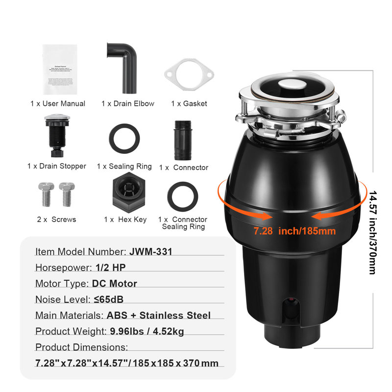 Broyeur à déchets, broyeur d'aliments à alimentation continue 1/2 HP 3450 tr / min, système de broyage à 3 boulons avec réduction du bruit, cordon d'alimentation et garde-boue pour éviers de cuisine