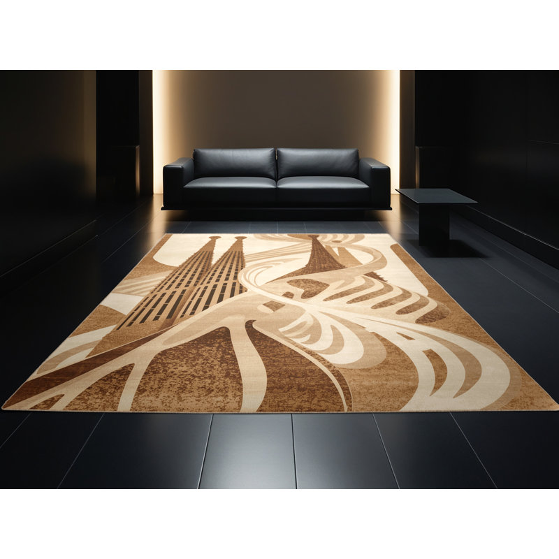Machine Washable Pandelica Barcelona Sagrada Familia Modern & Contemporary Abstract Rug in Beige – Beige Binding, 2x5