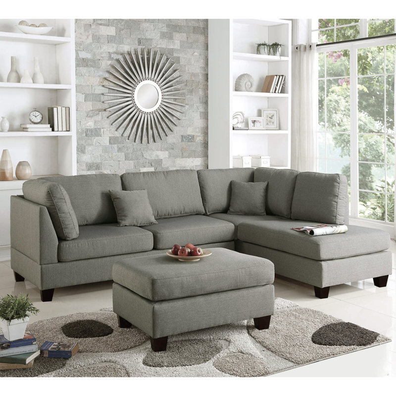 Reversible Grey Polyfiber Sectional Sofa With Ottoman