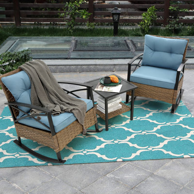 2 chaises berçantes et table d'extérieur - Structure bleue, chaise grise d'appoint avec, relaxant, léger, facile à assembler, pour une utilisation dans le jardin