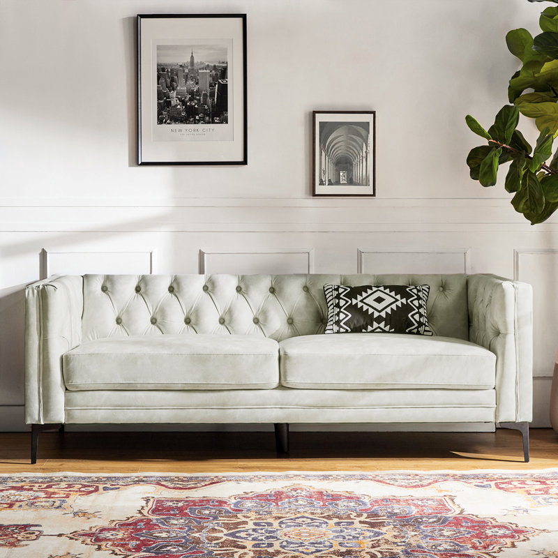 Brinna Upholstered Button-Tufted Sofa with Metal Legs, Beige