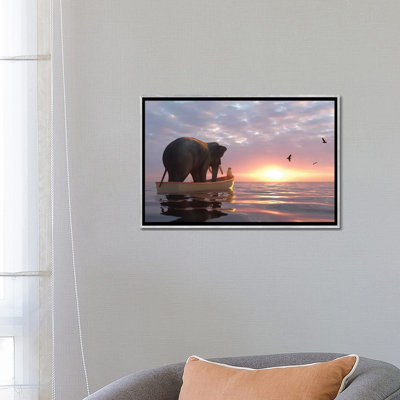 «Elephant and Dog Sail in a Boat at Sea» par Mike Kyiv - reproduction d'art