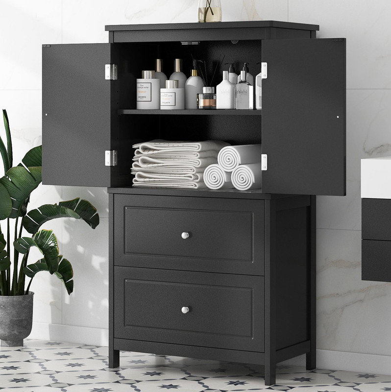 Solution de rangement pratique pour la salle de bain - Armoire en panneau de fibres à densité moyenne équipée de deux portes, de tiroirs et d'une tablette réglable pour l'organisation