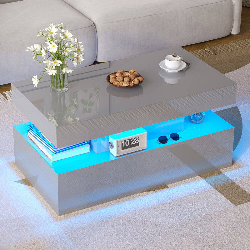 Coffee Table With Led Light, Modern High Gloss Finish Center Table With 2-tier Storage Space, Minimalist Coffee Table For Living Room, Office