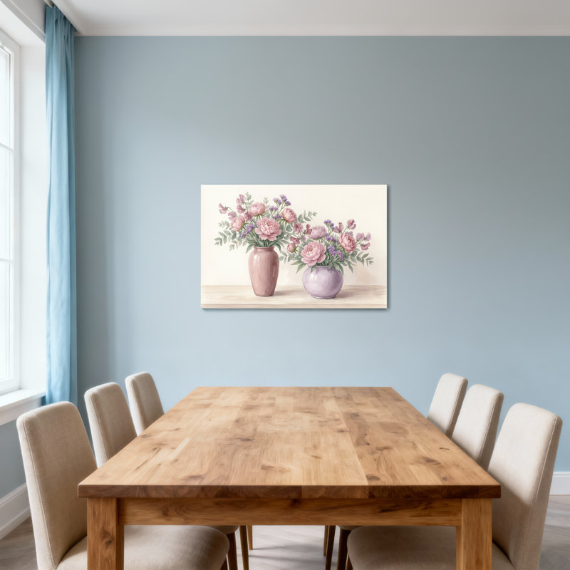 Arrangement floral de plantes et de fleurs dans des vases sur une tablette, H 24 po x l 36 po