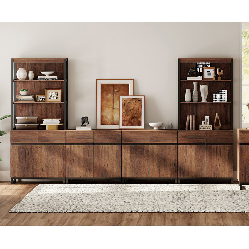 Modern 72" Tall Bookcases With 8 Doors And Adjustable Shelves, Library Book Shelf With Storage Cabinet And Open Book Shelfs, Wood Bookshelves For Home Office, Living Room