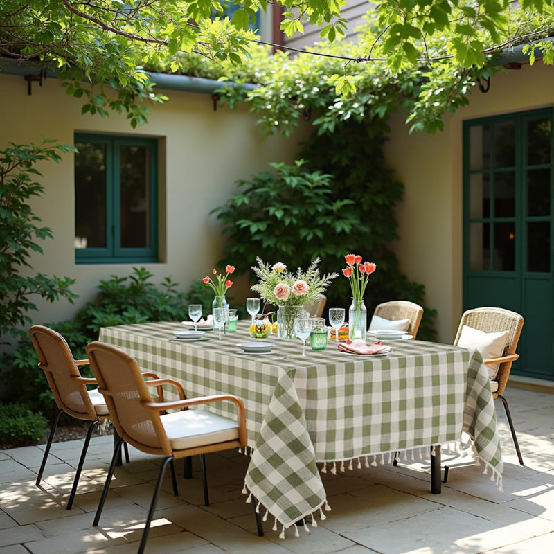 Table Cloth Rectangle Cotton Linen Fabric Gingham Tablecloth With Tassel Washable Wrinkle Free Buffalo Plaid Table Cover For Spring Picnic Kitchen Dining, 55''