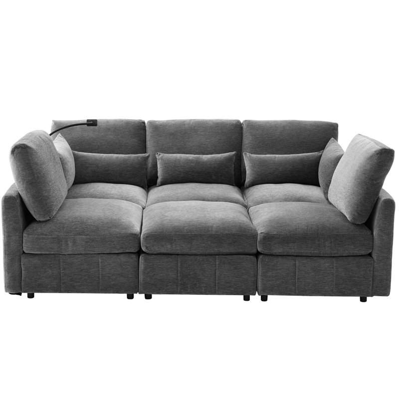 L-Shaped, Sectional , Living Room, Movable , Ports, Phone Holder, Chenille Upholstery, Grey Grey, Modular, Bed, Reconfigurable Charging, Lumbar Pillows, Easy To Assemble