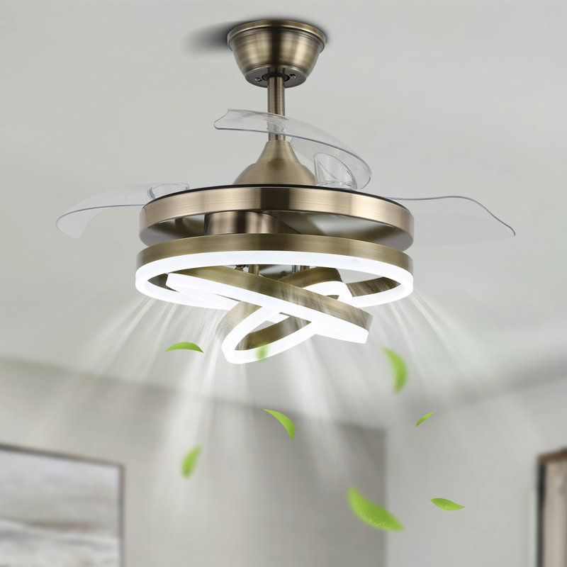 36 Inch Modern Retractable Chandelier Ceiling Fan With Lights And Remote, Silent DC Motor LED Dimmable DIY Shade Ceiling Fan