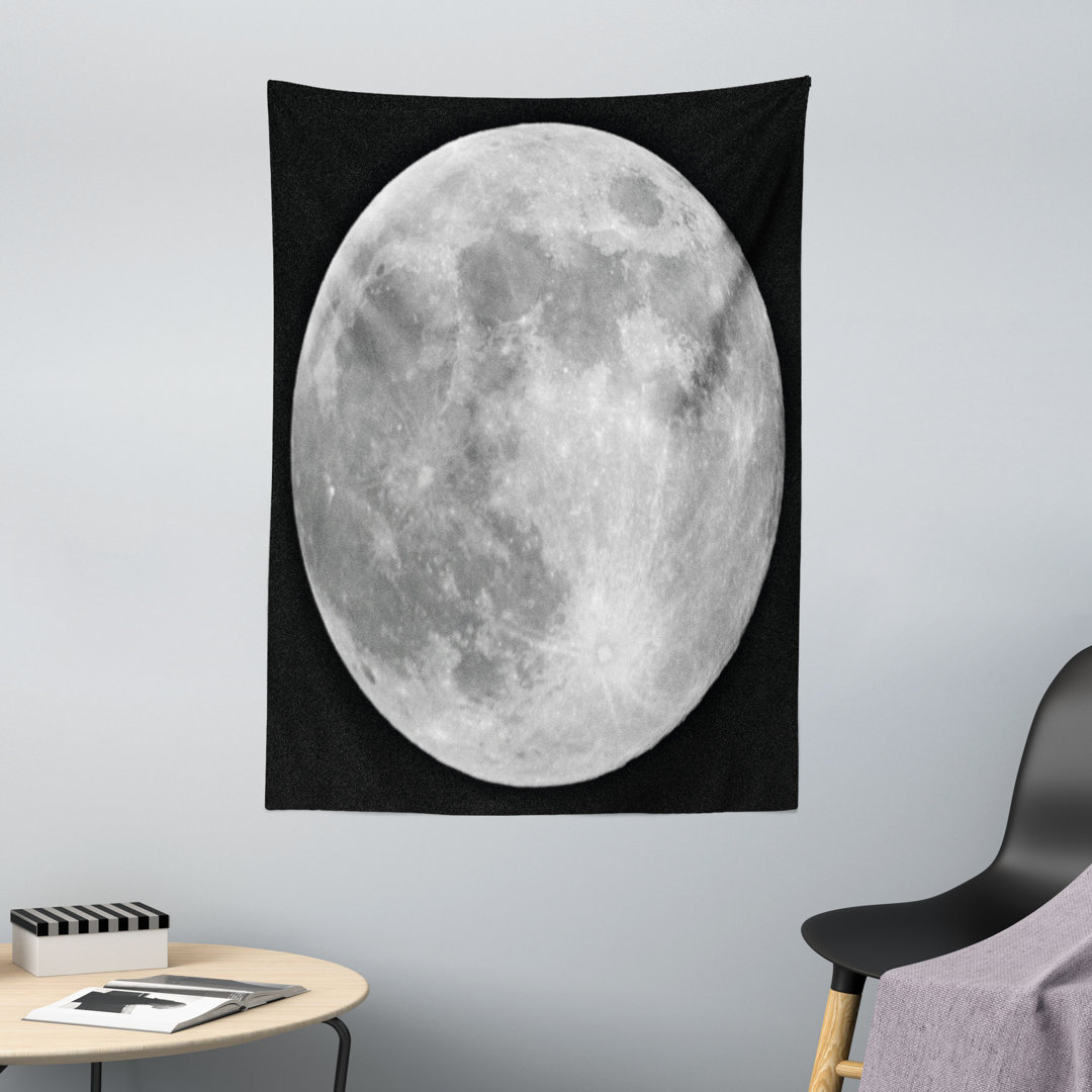 Wandteppich, Monochrome Vollmond Kunst, Schwarz Blass Grau