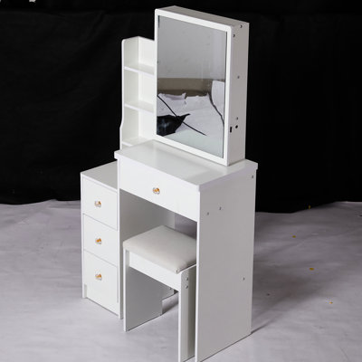 Small Sized Left Vanity Table With Cushioned Stool, Large Sliding Mirror, Multi-Layer Storage, High Capacity Dresser For Tiny Areas, White Construction Space- Bedside Table, Includes Stool & Big