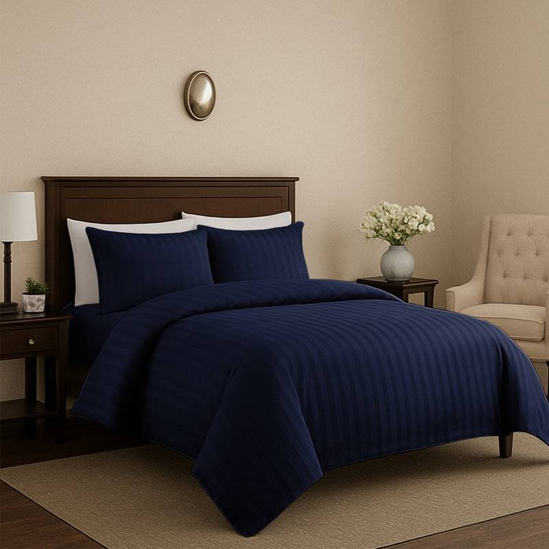 Microfiber Striped Duvet Cover Set with Pillowcases, Navy, Kingsize Duvet Cover + 3 Additional Pieces, 4