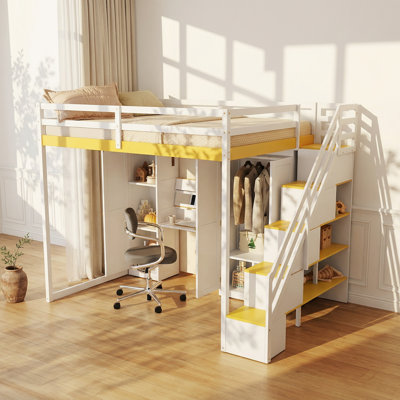 Lucky Furniture 55.1" W x 92.4" D x 72.3" H Full Wood Loft Bed with Wardrobe, Dressing Table, and Storage Staircase