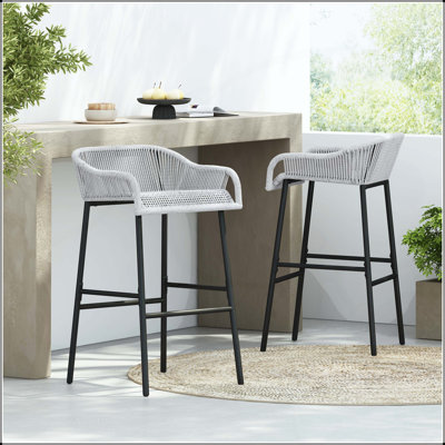 Set of 2 Outdoor Woven Rope Bar Stools with Black Metal Frame
