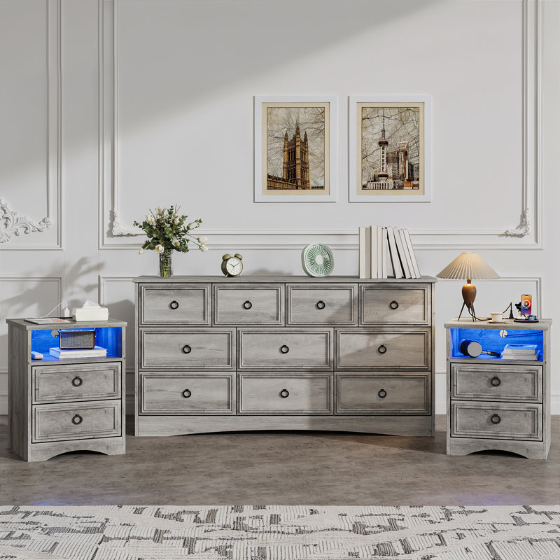 3 Piece Bedroom Dresser Set - 10 Drawer Dresser And Two 2 Drawer Nightstands With Charging Station,gray Wash