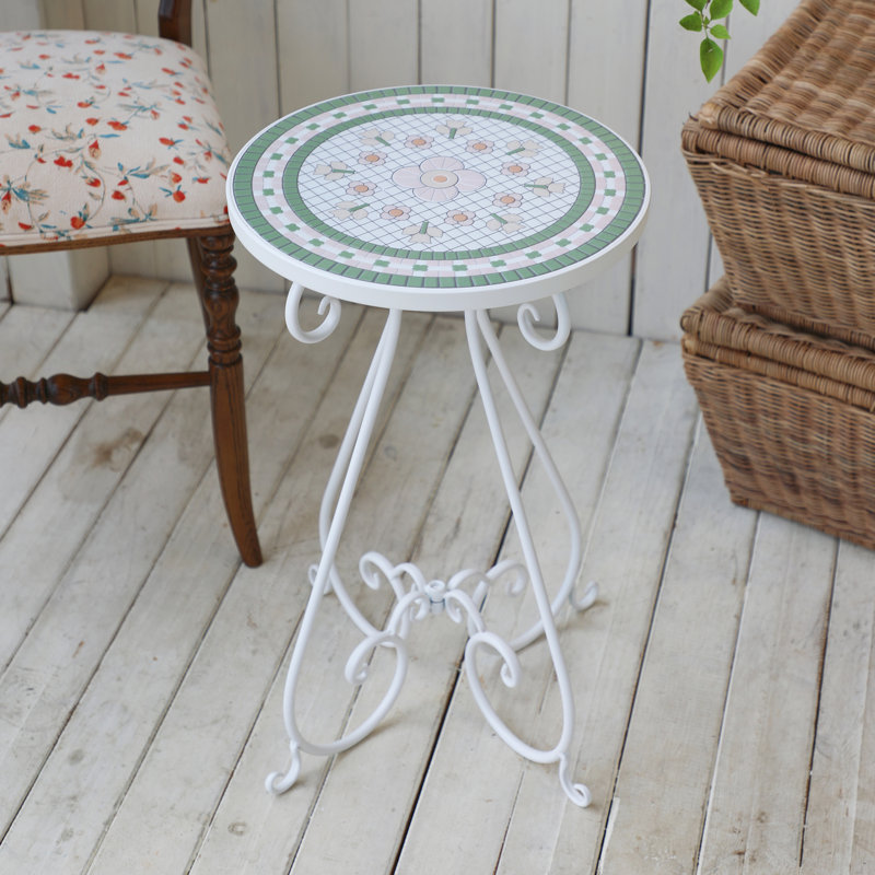 Ceramic Top End Table Patio Side Table,Vintage Metal Plant Stand, Round Accent Table for Porch,Patio, Balcony, Living Room Decor