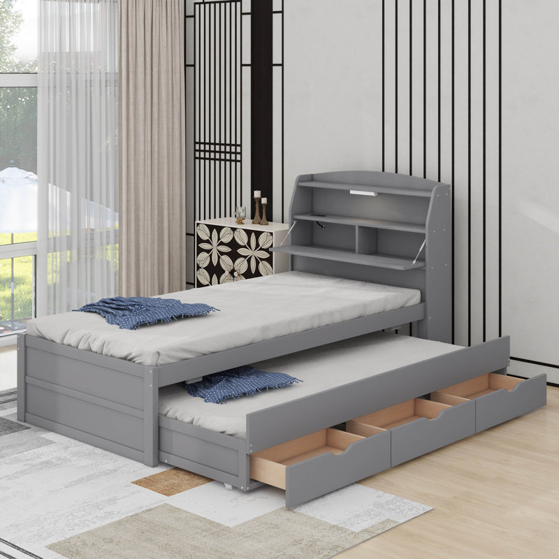 Lit plateforme en bois à DEL avec tiroirs, tête de lit et lit gigogne, Lit simple, Gris