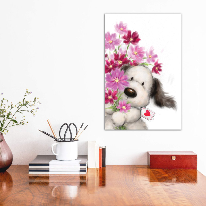 «Dog with Flowers I» par Makiko - reproduction d'art, Toile tendue, Pas de tapis, H 12 po x l 8 po x P 0,75 po