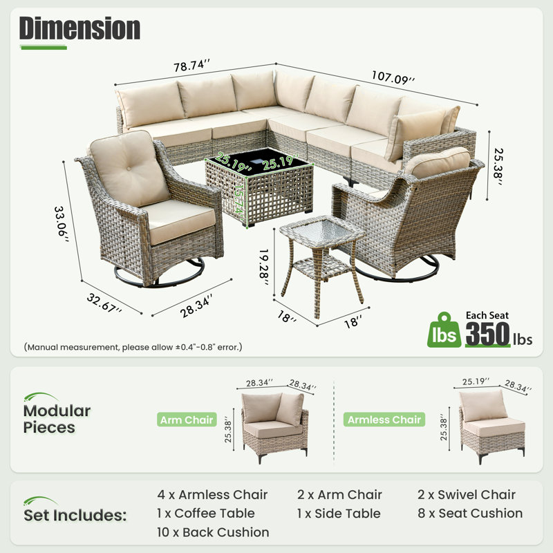 Ensemble de conversation modulaire en osier / rotin pour 8 personnes avec table basse éclairée et chaises pivotantes, ensemble de conversation modulaire d'extérieur avec coussins Emroy