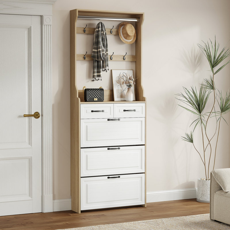 Armoire à chaussures blanche spacieuse avec 3 portes, 2 tiroirs et un cintre, idéale pour les solutions de rangement modernes