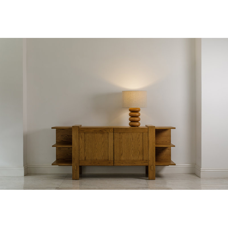 Sandia Mini Table Lamp – Solid Oak Wood with Linen Shade, Beige, 15''H X 10.75''W X 10.75''D