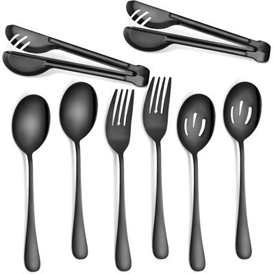 Ensemble d'ustensiles de service 8 pièces en acier inoxydable pour la cuisine, la restauration et le buffet - Comprend des pinces, une cuillère à rainure, une cuillère de service et une fourchette - poli miroir, coutellerie durable pour la cuisine, le