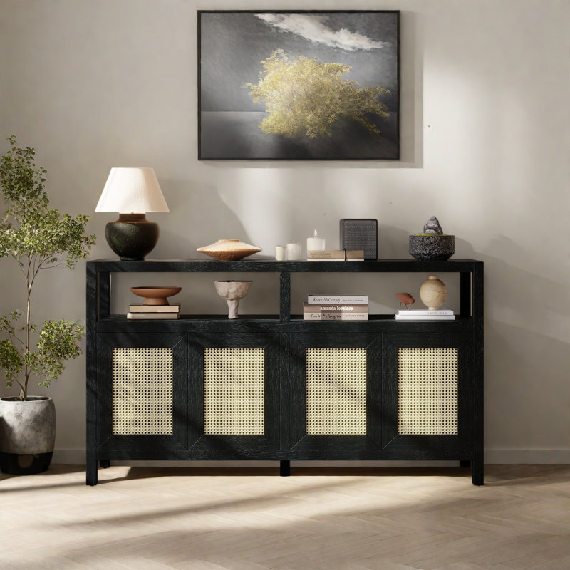 Armoire de rangement en rotin de style bohémien avec structure en bois massif, buffet avec tablettes réglables à 3 positions pour le salon et la salle à manger, conception à pousser sans poignée