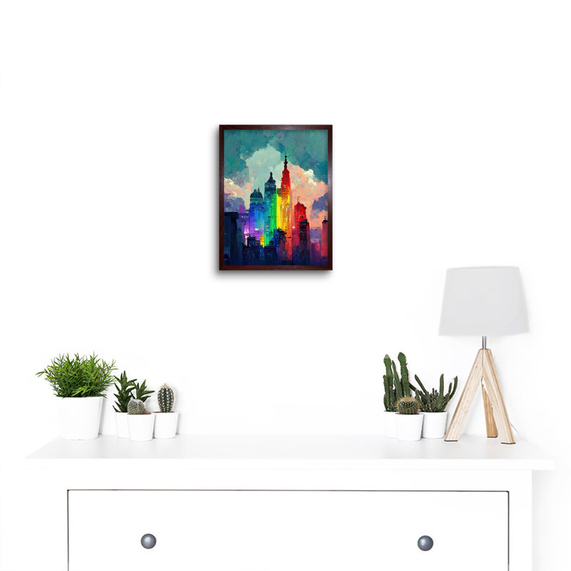 Rainbow Skyscrapers Skyline Cityscape Abstract - Print, Brown Framed Paper, 25.9cm H x 20.6cm W x 1.5cm D