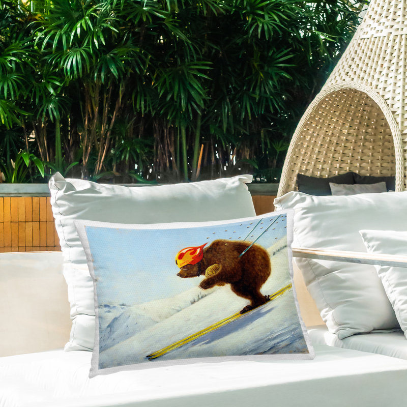 Coussin d'extérieur imprimé The Heist Skiing Bear par Lucia Heffernan, Rectangle H 14 po x l 20 po, Ours bleu